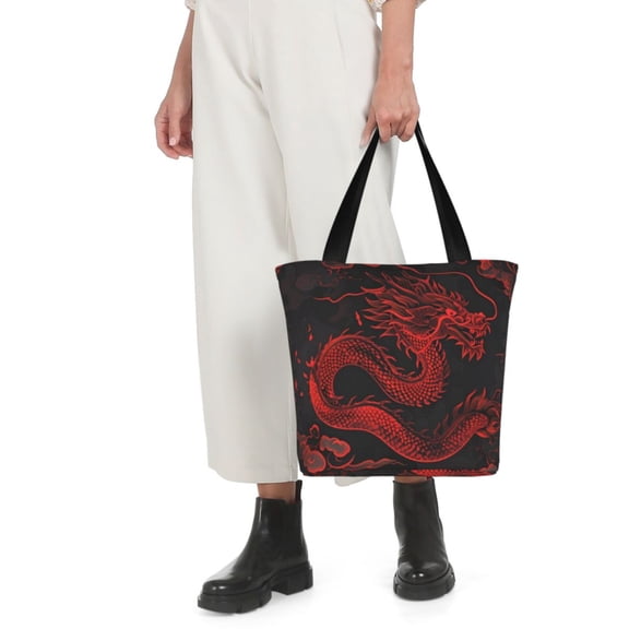 Horeoi Red Dragon On Black Print Shoulder Bag for Women Large Capacity Zipper Tote for Shopping Beach Travel Gym with Inner Pocket