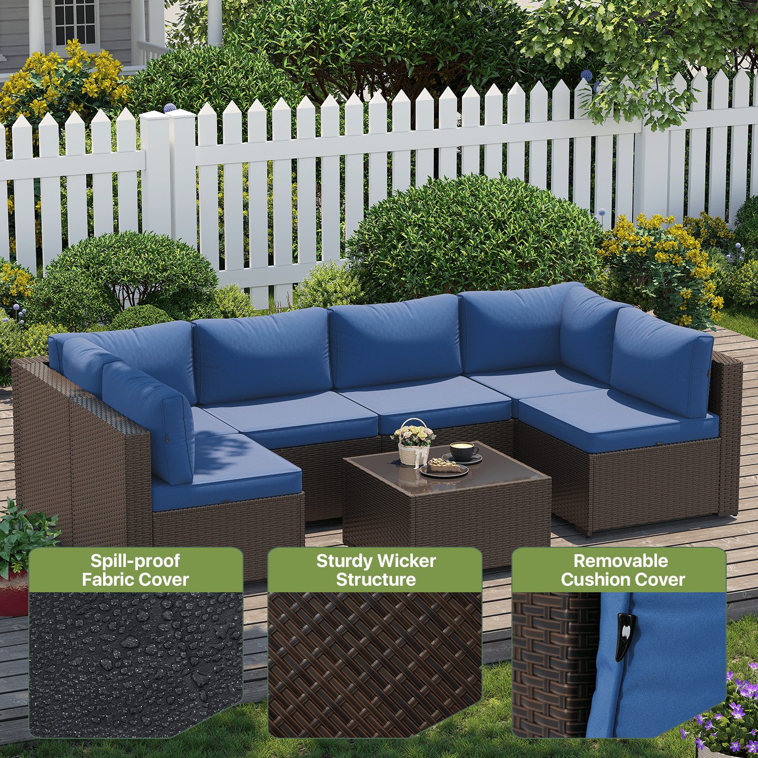 BaPiPro 7‑Piece Modular All‑Weather Patio Furniture Set, Brown Rattan Wicker Outdoor Sectional Sofa with Thickened Navy Blue Cushions & Tempered Glass Coffee Table for Backyard Porch Deck Balcony