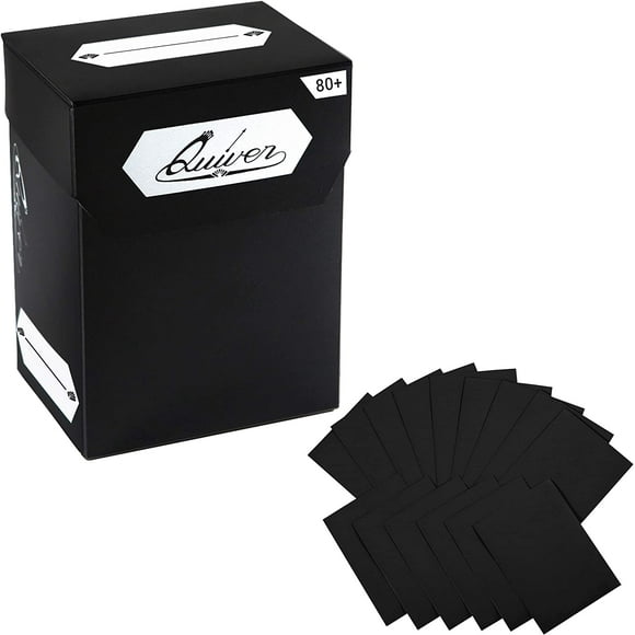ERDS-Black Standard Trading Card Deck Box and Sleeves Bundle - 80+ Quiver Deck Block with Double Dividers (Commander MTG Deck Box MTG) + 100 Artemis Black Card Sleeves with Black interior (66 x 93 mm