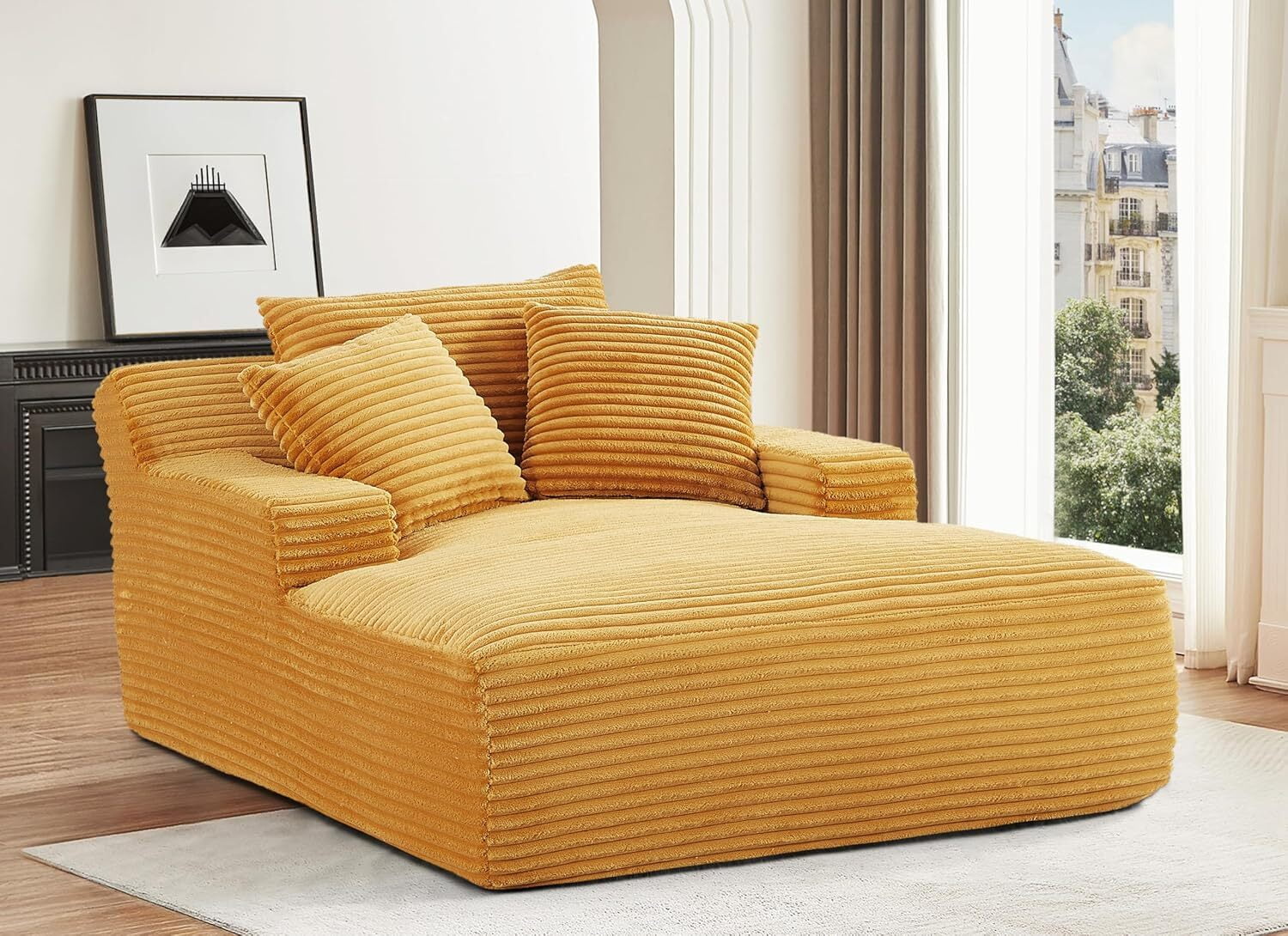 AENKYO Oversized Corduroy Chaise Lounge Chair – Extra Wide Cloud Couch Daybed with 3 Pillows, No Assembly, Deep Seat Sleeper Sofa for Living Room & Bedroom, Yellow