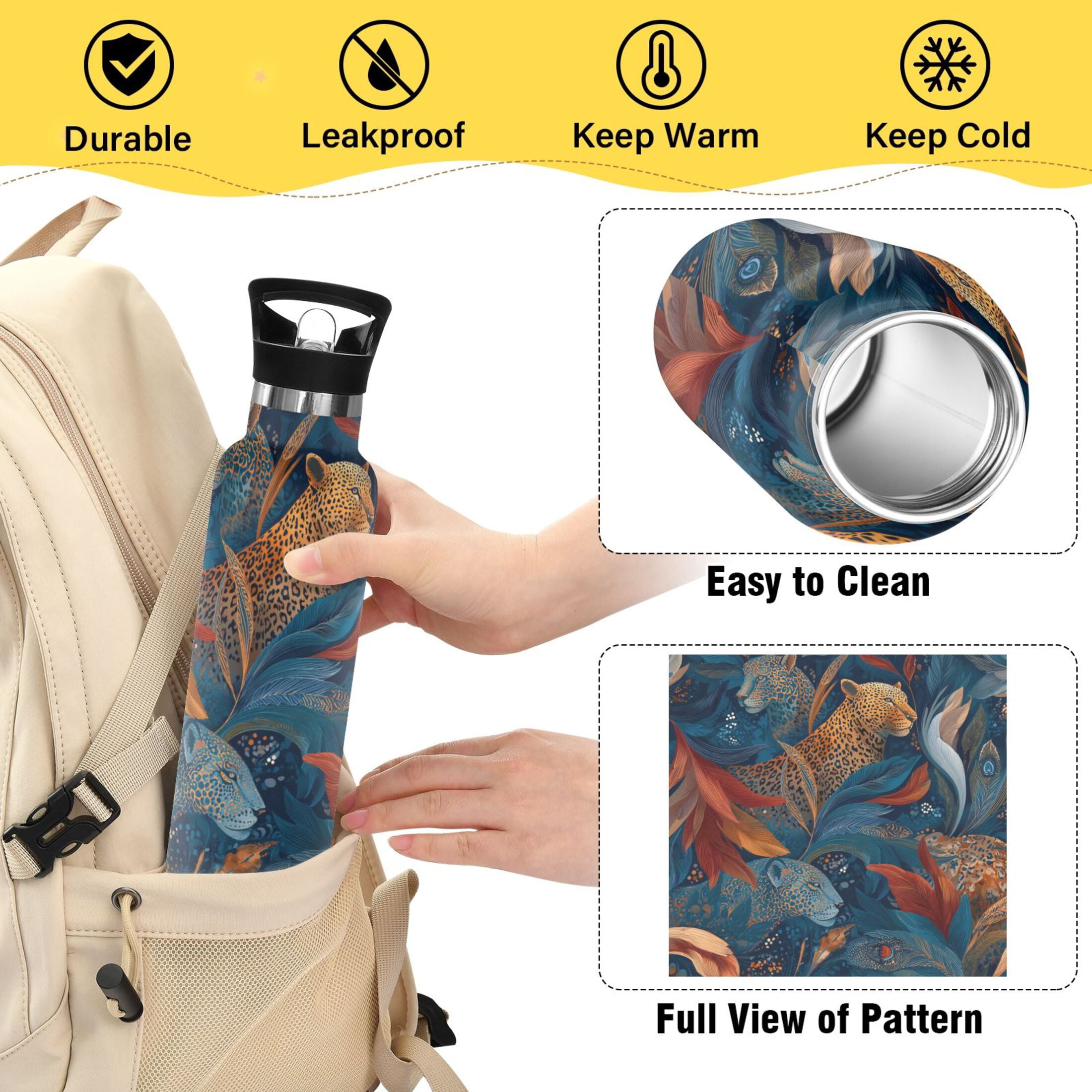 Kids Insulated Stainless Steel Sports Water Bottle 600ml (20oz) Leopard and Flying Feathers