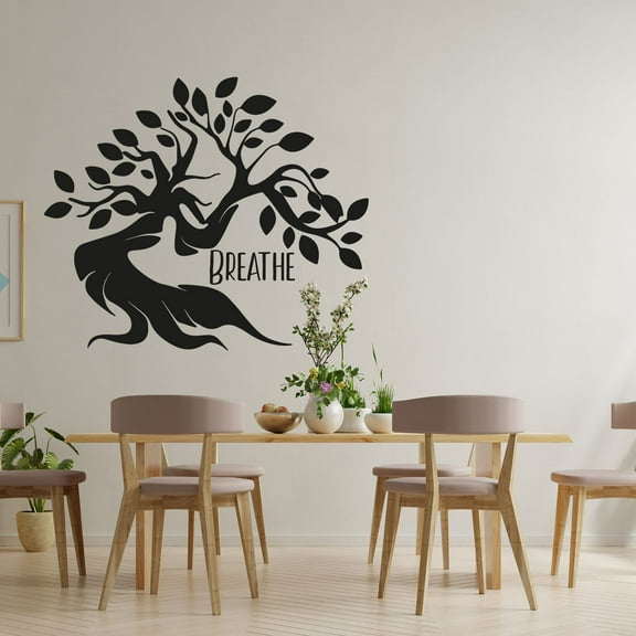 Breathe - Life Reminder Beautiful Tree Silhouette Big Tree Drawing Vinyl Design Wall Sticker Wall Art Decal Boys Girls Kids Room Bedroom Nursery KinderHome Decor Stickers Decoration Size (20x20 inch)