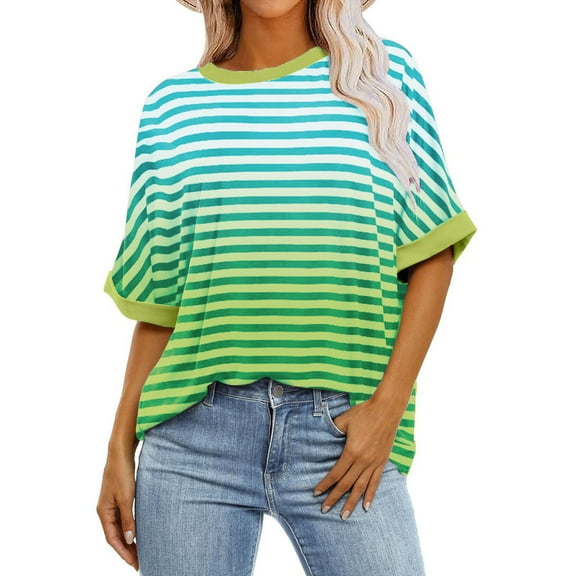 hxobax Women's Oversized Striped Tshirts Summer Rolled Short Sleeve Tunic Tops Color Block Blouses