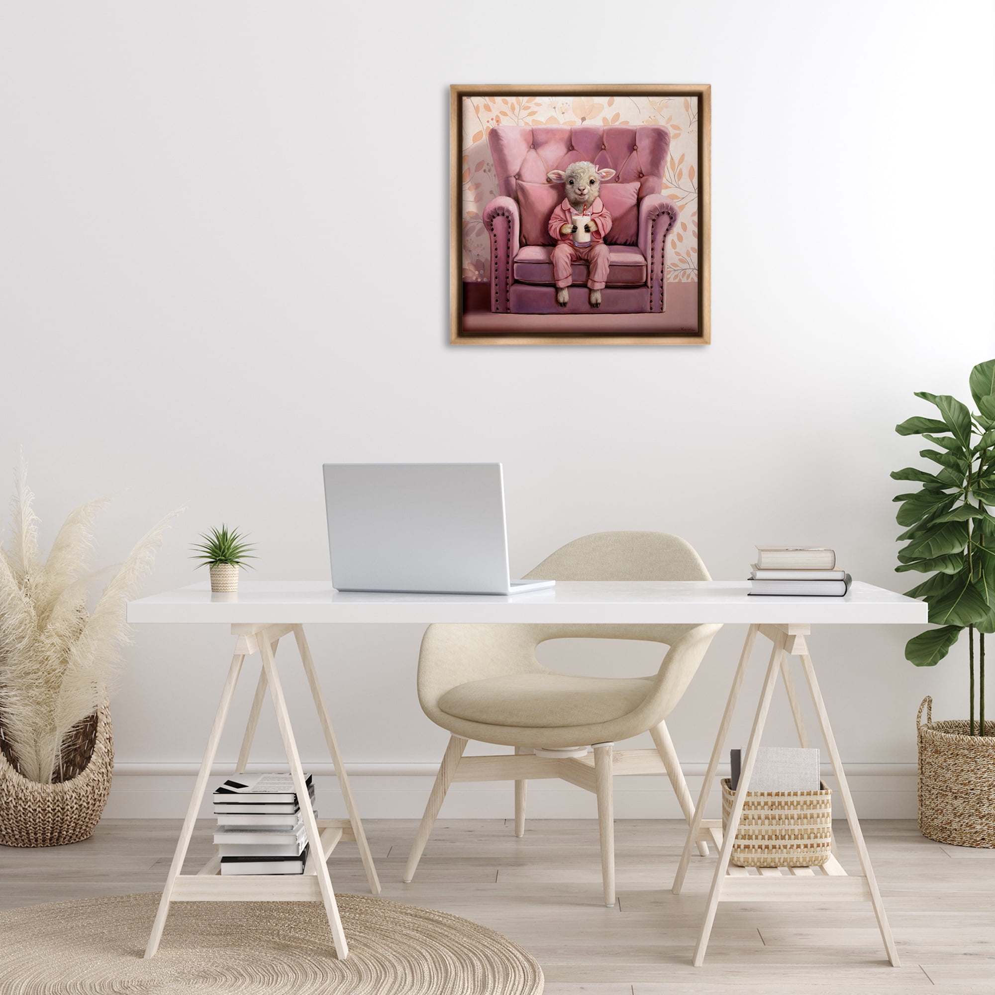 Stupell Industries Baby Cow in Pink Chair Animals & Insects Painting Brown Floater Framed Canvas Art Print Wall Art, 25 x 25