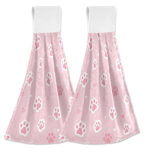 Cute Pink Paws with Hearts Hanging Towels with Loop Hand Towels Nylon Fastener Tape Design Dish Cloths 2 Pcs