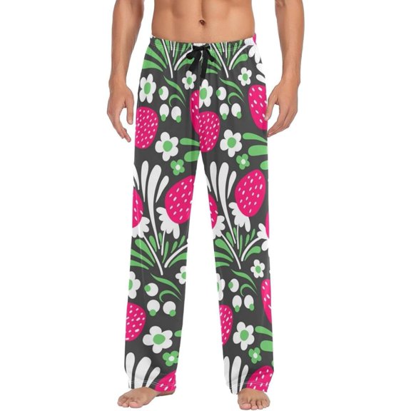 Cute Strawberry and Flowers Ghost Pajama Pants, Men's Lounge Pants Light with Drawstring and Pockets, Christmas New Year Birthday Father's Day Gifts, Small