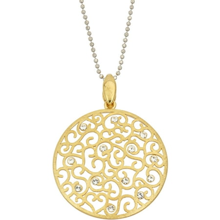 Giuliano Mameli Crystal Accent 14kt Gold-Plated Sterling Silver Matte-Finished Heart Filigree Round Pendant with Chain