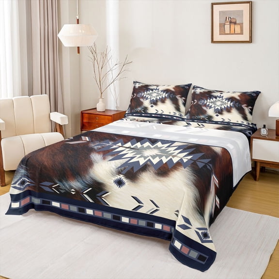 jejeloiu Nautical Aztec Bed Sheets,Cowhide Print Full Size Sheets For Boys,Blue Brown White,4-Piece,1 Flat Sheet, 1 Fitted Sheet and 2 Pillowcases