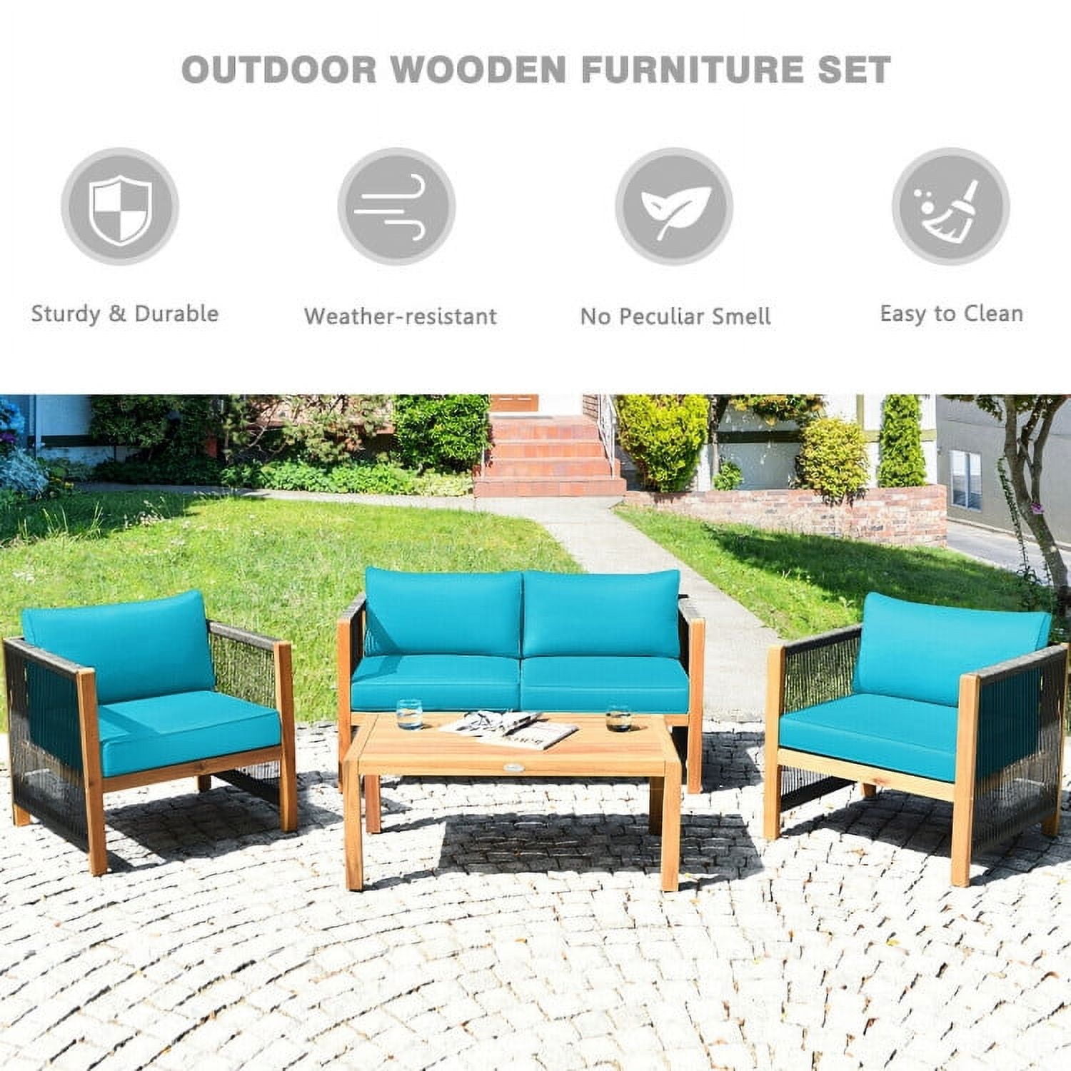 Aimee Lii 4 Pieces Acacia Wood Outdoor Patio Furniture Set with Cushions, Wooden Patio Furniture Set, Turquoise Aimee Lii 4 Pieces Acacia Wood Outdoor Patio Furniture Set with Cushions, Wooden Patio Furniture Set, Turquoise