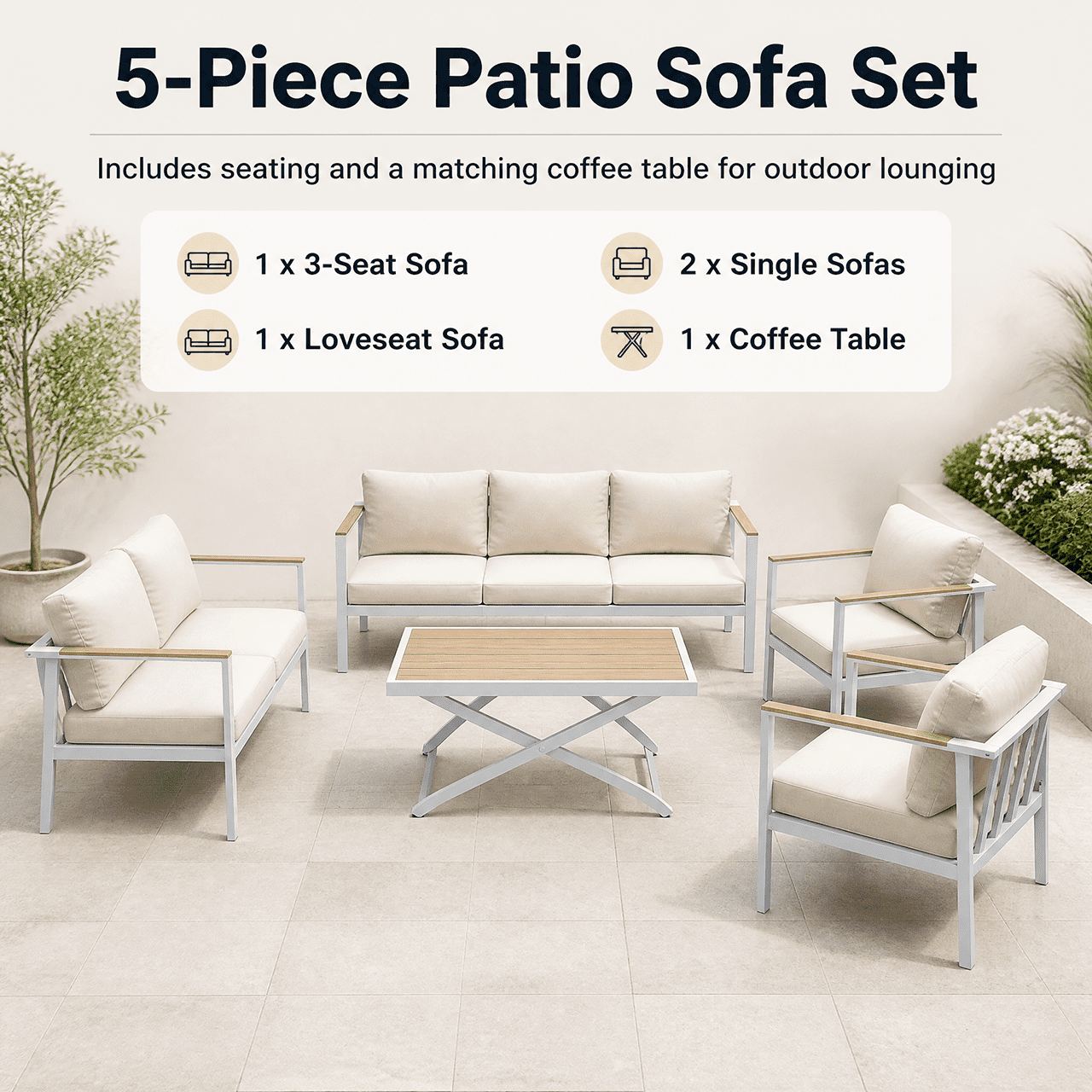 Aluminum Patio Furniture Set with Slim Armrests,7 Seat Modern Outdoor Conversation Set with Cushions and Coffee Table,Metal Patio Sofa Set White