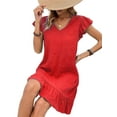 thumbnail image 3 of Summer Dresses for Women V Neck Cap Sleeve Ruffle Hem Smock Short Dress Red XS, 3 of 8