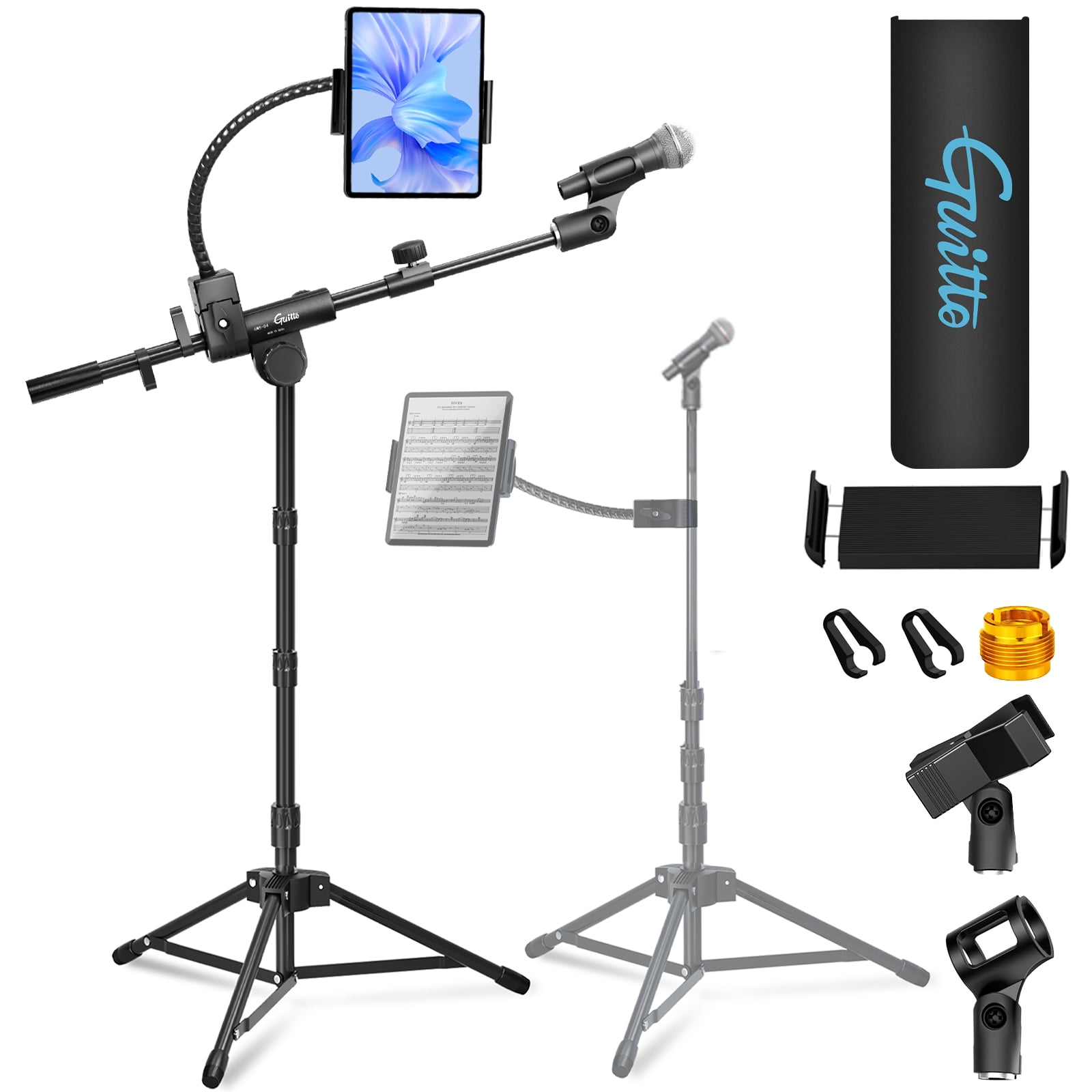 GUITTO Portable Travel Microphone Floor Stand, 70" Adjustable Height with Boom Arm with Carrying Bag for Performances On-the-Go Recording
