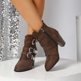 thumbnail image 2 of High Heels Combat Dress Boots for Women Ladies Vintage Triple Buckle Straps Pointed Toe Dressy Pumps Ankle Booties Brown Size 9, 2 of 9