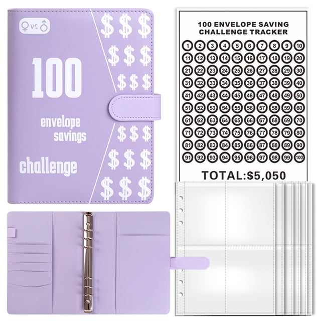 Libro de desafíos para ahorrar dinero, 100 sobres, para hacer presupuestos (morado sin candado)