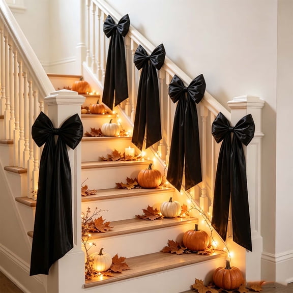 Yhmxh Halloween Large Hanging Bow Decoration, Black Satin Decorative Bow Ornament, Autumn Thanksgiving Indoor Outdoor Decor Satin Bow, Reusable Black Bow for Porch Railings, Doors, Stairs, Wreaths
