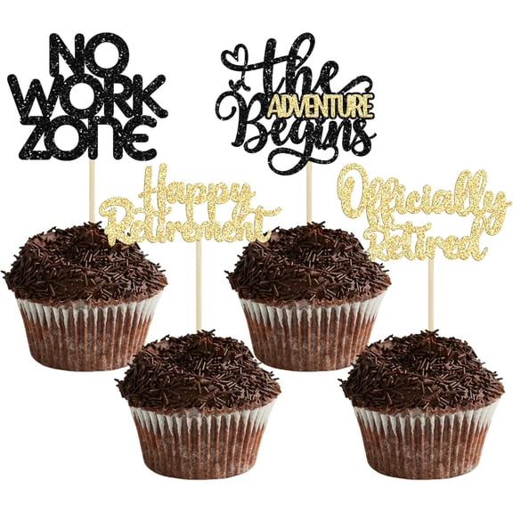 12Pcs Black & Gold Glitter Retirement Cupcake Toppers, "No Work Zone, The Adventure Begins" Picks for Retired Party Cake Decorations