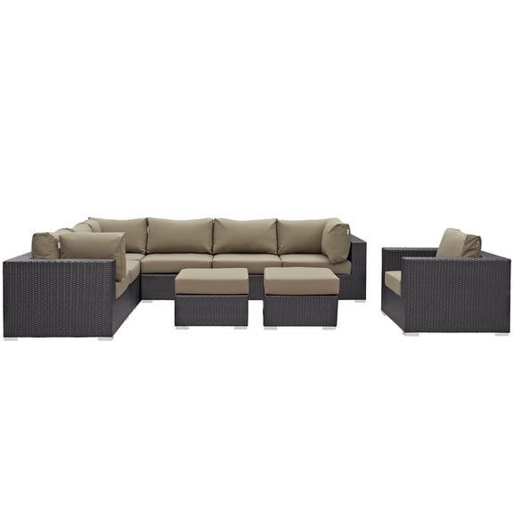 Modern Contemporary Urban Design Outdoor Patio Balcony Nine PCS Sectional Sofa Set, Brown, Rattan