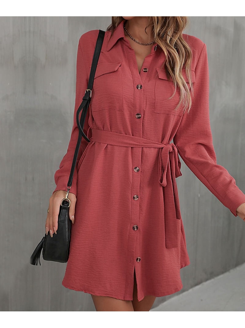 mahogany dress shirt Fit And Flare Shirt Dress With Sash