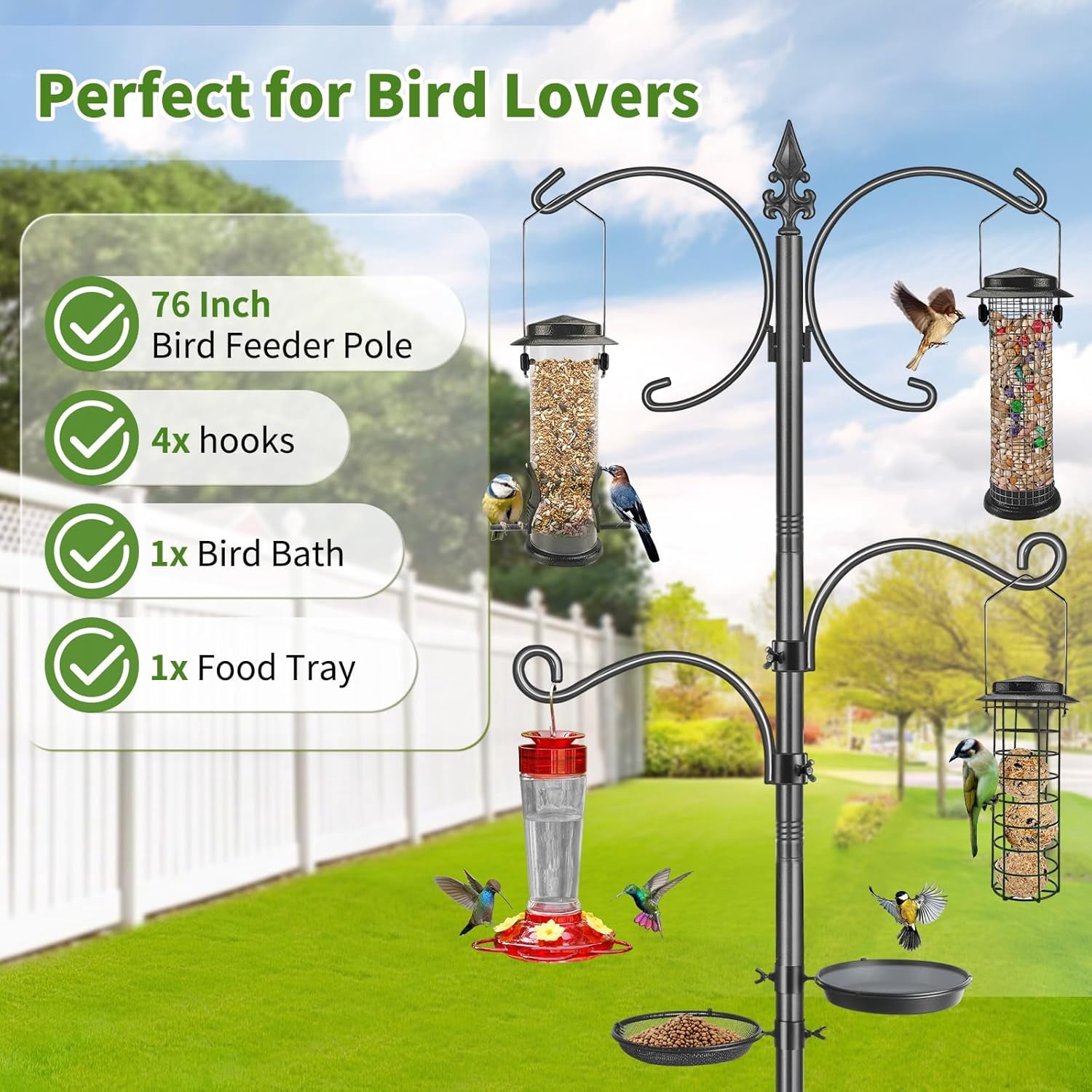 KOLAKO Bird Feeder Pole, 76 inch Bird Feeding Station, Heavy Duty Shepherd Hooks with Birds Bath, Mesh Tray for Outdoors Hanging