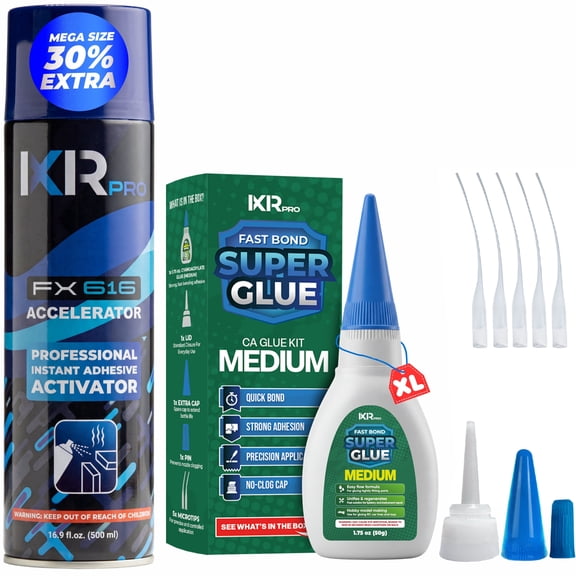 Ixirpro CA Glue Medium Viscosity Kit with Activator, 1.75 oz Adhesive   16.9 oz Spray, Heavy-Duty for Wood, Plastic, Ceramic & Metal