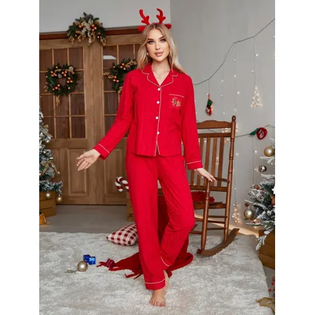 

Christmas Series Women‘s Home Wear Pajamas Set Lapel-collar Pocket Cozy Button-down Pajama Top & Loose Pants Pajama Set Women‘s Loungewear & Sleepwear