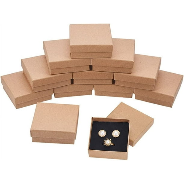 16 cajas cuadradas de cartón Kraft para collares, pendientes y anillos de 2,75 x 2,75 x 1 pulgada, para joyería, para embalaje de regalos de boda o fiesta.