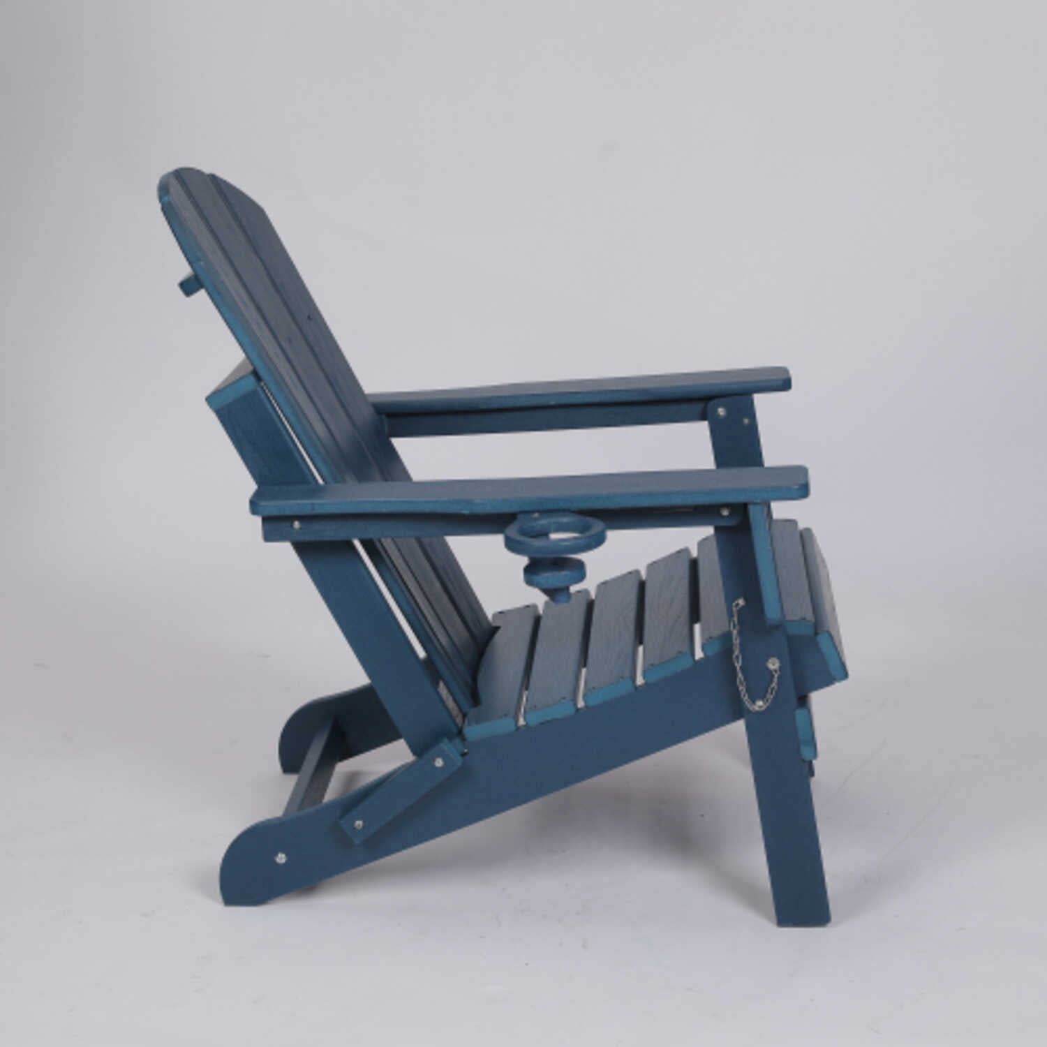 Navy Blue HDPE Folding Adirondack Chair Composite with Wood Texture and Built-in Dual Cup Holders
