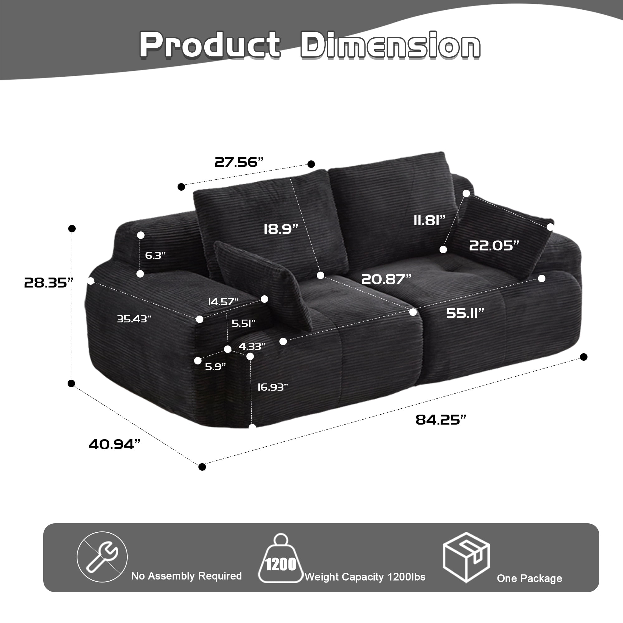 Miniyam 84" Corduroy Modular Sofa Couch with Cushions, Convertible Sectional Seating for Living Room, 1200 lbs Capacity, No Assembly, Black