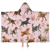 Dogs with Pioneer Flower Hooded Bath Towel，60"x35" for Ages 3 To 12 Kids, Quick Dry Lightweight Soft Microfiber Hood Beach Towel Cover Up for Kids