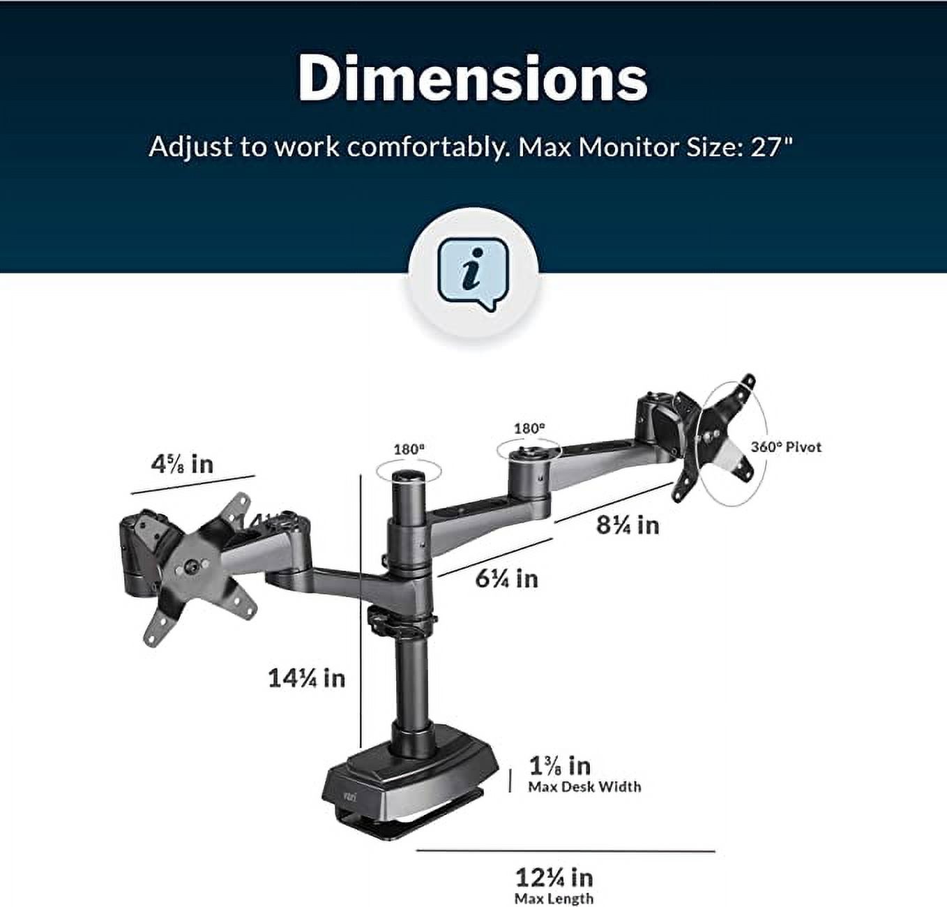 Vari Dual-Monitor Arm 180 Degree - Black Monitor Mount w/ 180 Degree Adjustment - Monitors up to 27 inches, 19.8 lbs