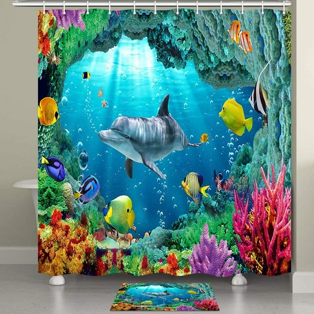 Ocean Shower Curtain,Cartoon Under Sea Animal Whales Fishes and