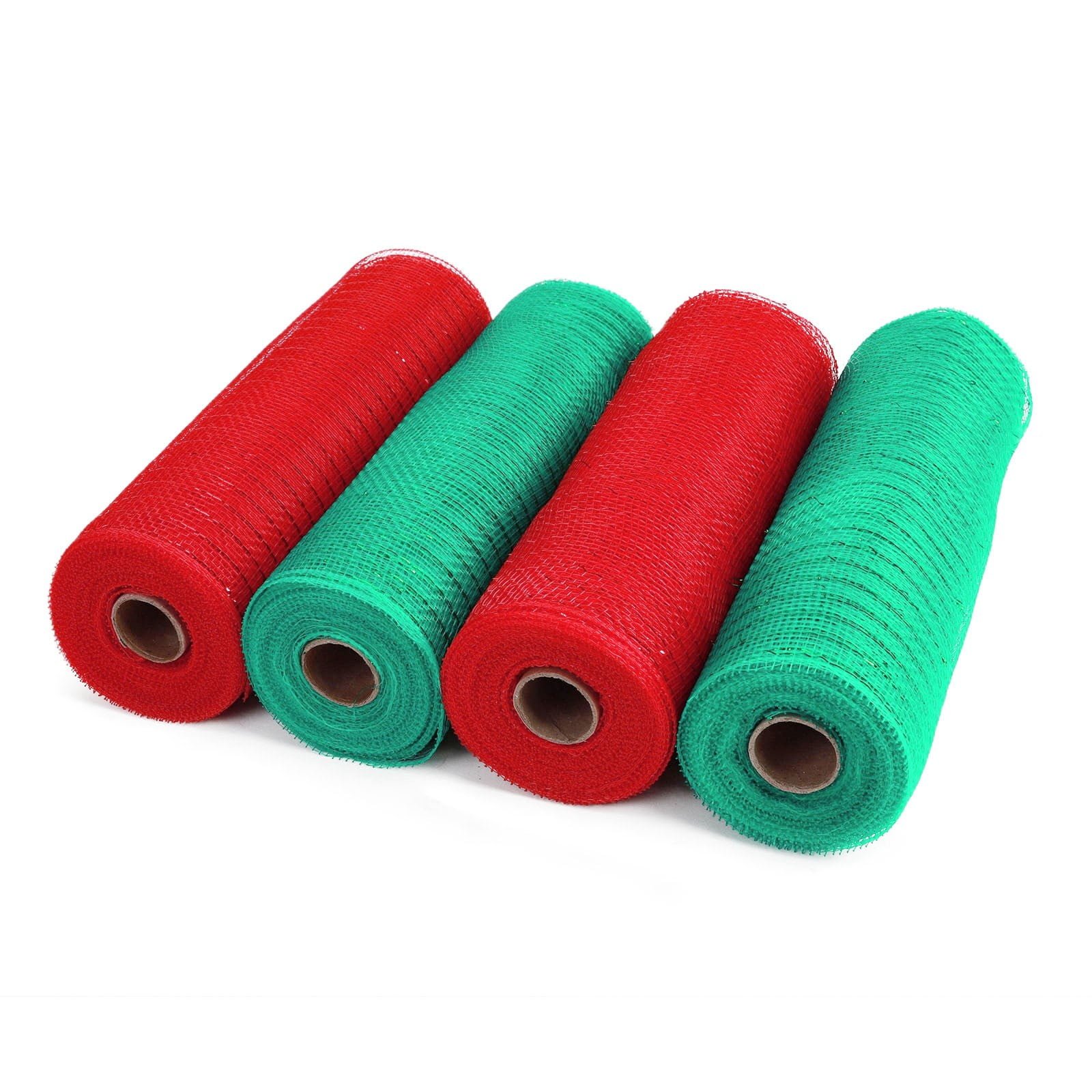 4 Rolls Poly Mesh Ribbon Burlap Poly with Metallic Foil Mesh Rolls for DIY Festivals Wreaths Party Decoration Wrapping Craft (Christmas Red/Christmas Green/10 Inches x 10 Yards)