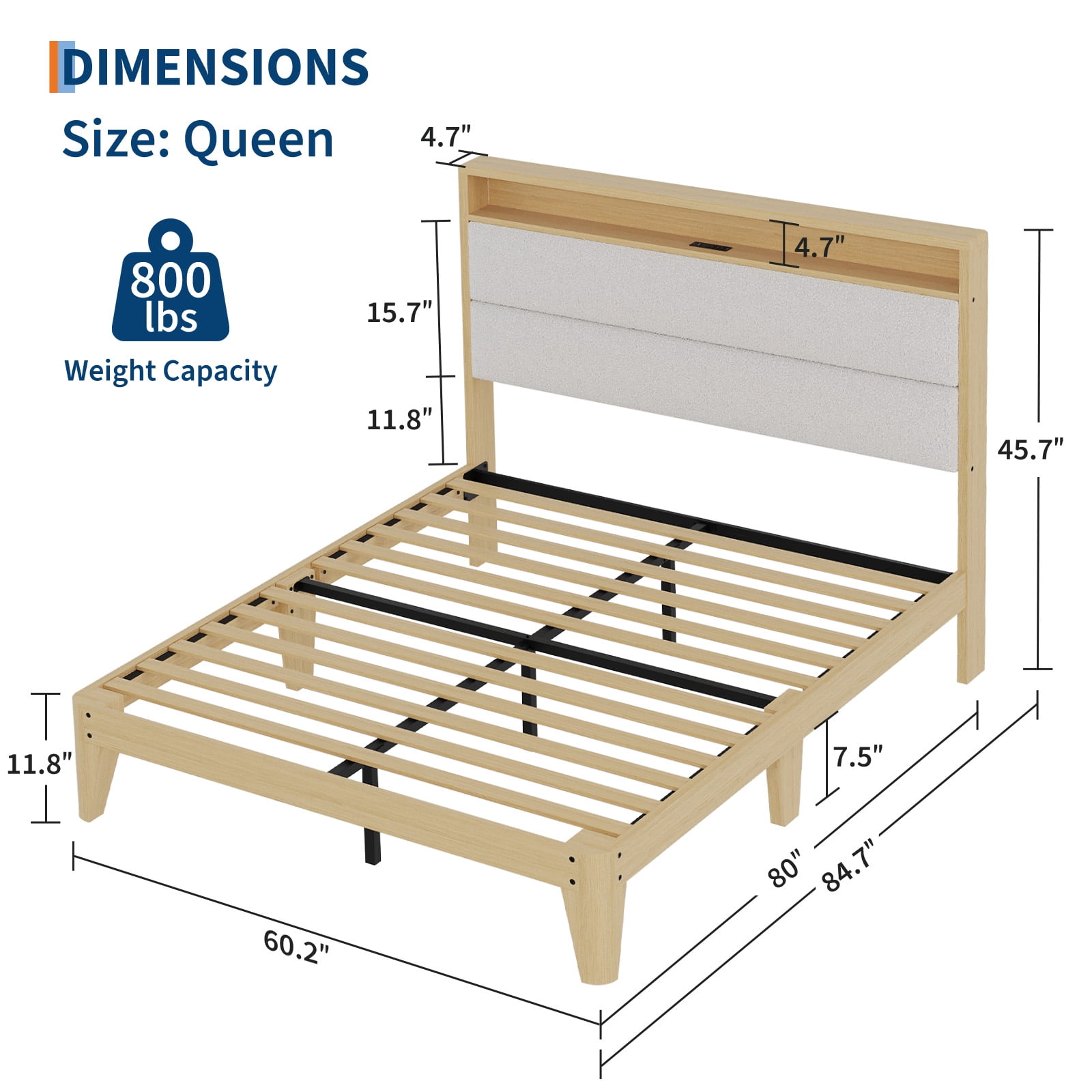 Queen Size Upholstered Bed Frame with LED Lights & Charging Station, Boucle Headboard Platform Bed with Wooden Slats, No Box Spring Needed, Easy Assembly，White