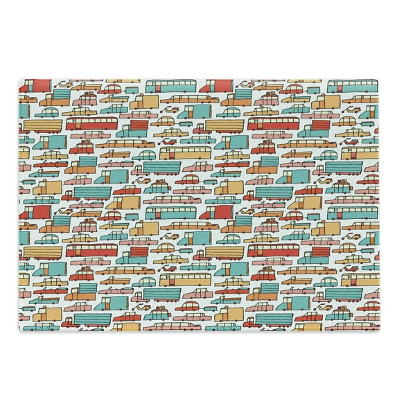 Cars Cutting Board, Drawing of Many Vehicles Motorbikes Caravans Trucks Taxis Buses Print, Decorative Tempered Glass Cutting and Serving Board, Large Size, Aqua Red Orange, by Ambesonne