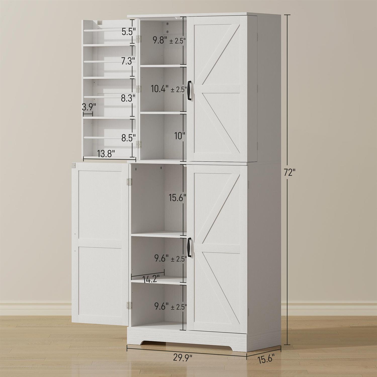 Demi Bonn 72" Tall Farmhouse Kitchen Pantry, Pantry Cabinet with 4 Barn Doors, 4 Adjustable Shelves and 8 Door Shelves for Home, Dining Room, White