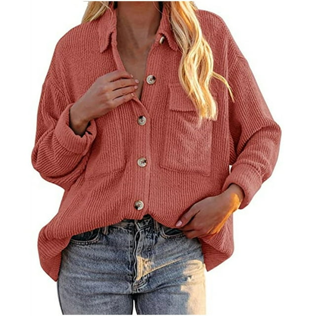 IROINID Veste Courte en Velours Côtelé pour Femmes Col Rabattu Couleur Unie Manches Longues Poches Boutons Hauts Veste Manteau, Rouge Pastèque