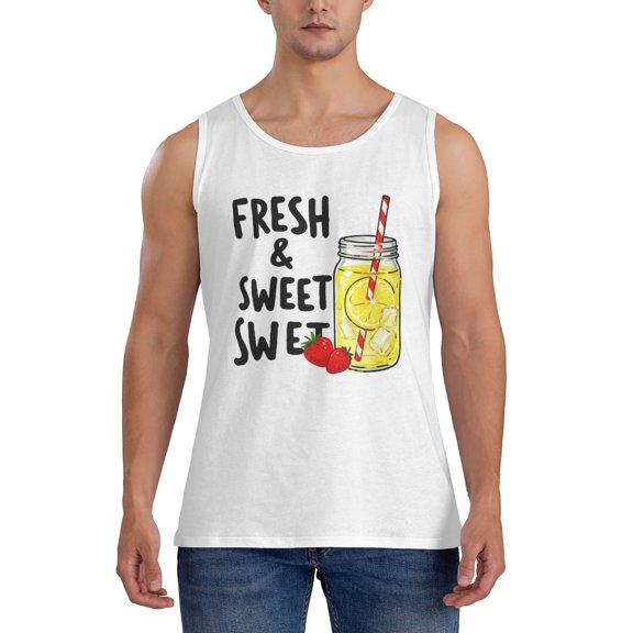 Men Casual Cotton Sports Tank Top, Fresh & Sweet Lemon Strawberry Iced Drink Summer Sleeveless Shirt