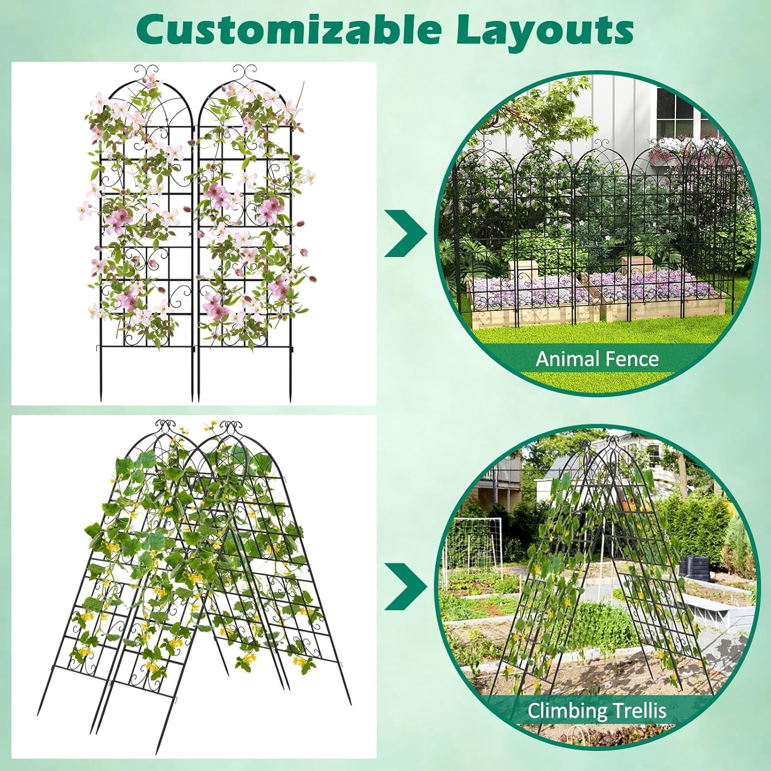 Kingsss 2 Pack Metal Garden Trellis, 71” x 20” Decorative Outdoor Trellis for Climbing Plants, Flowers, Vegetables, Rustproof Cucumber Trellis for Garden, Yard, Patio, Black