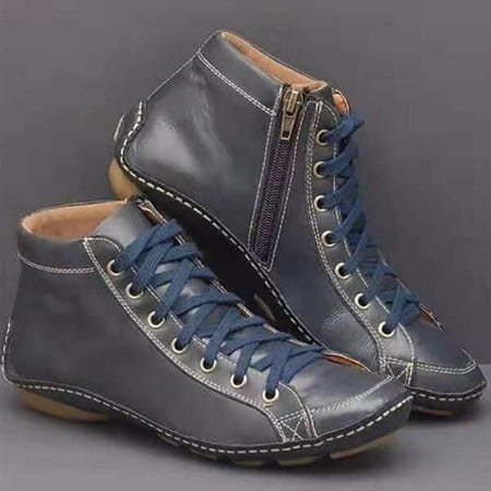 

Women s Casual Flat Leather Retro Lace-up Boots Side Zipper Round Toe Shoe Boots