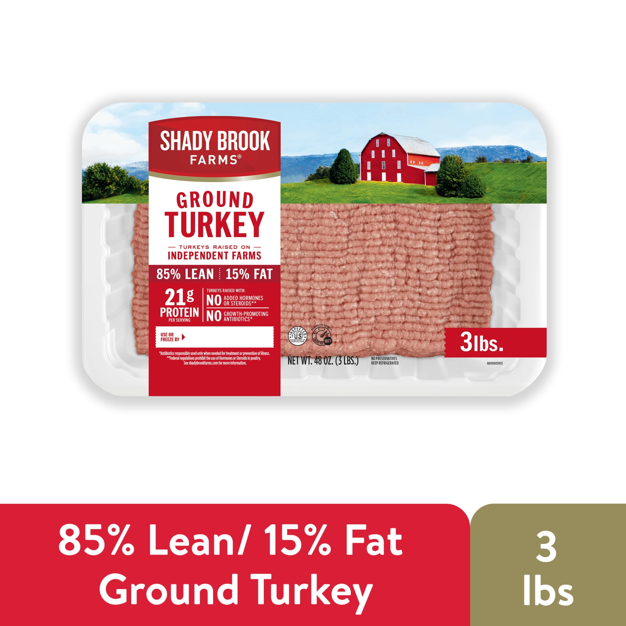 Shady Brook Farms Ground Turkey 85/15% Tray, 3 Pounds, 21 Grams of Protein