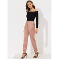 thumbnail image 3 of Pantalones cargo de satén sedoso de tiro alto elástico con cordón para mujer Gris-Rosa L, 3 of 6