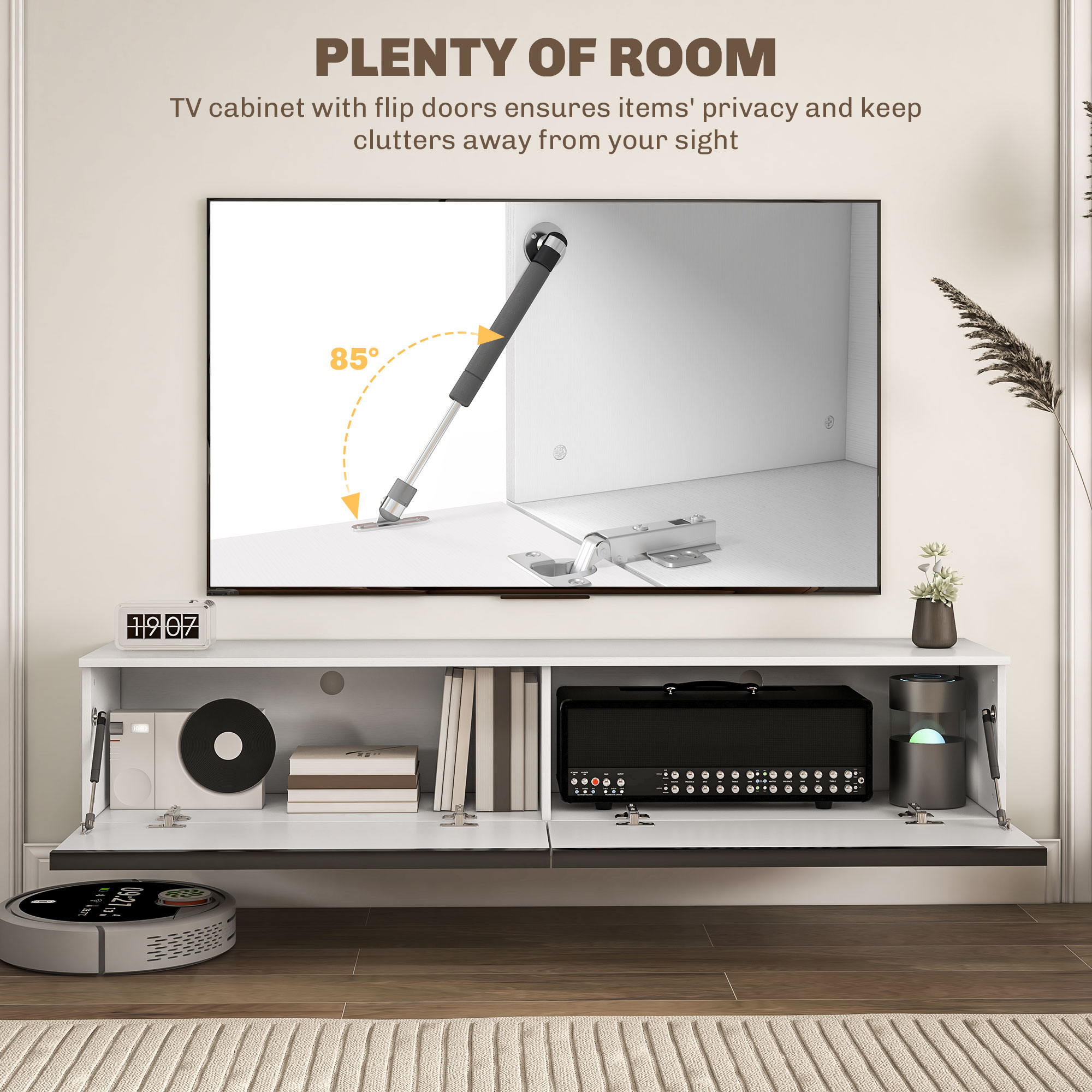 Meuble TV Mural HOMCOM 120 Cm Blanc - Pour TV Jusqu'à 50", Tiroir Rabattable, 2 étagères, Passe-câbles - Salon - 10