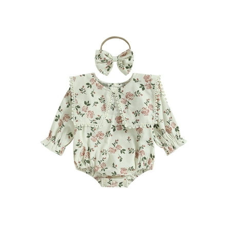 

Jkerther Newborn Baby Girls Floral Print Long Sleeve Round Neck Vintage Romper Infants Ruffles Jumpsuit