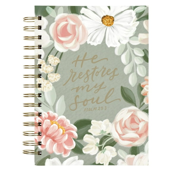 Christian Art Gifts Inspirational Journal, He Restores My Soul Wide Ruled Notebook, Ps. 23:3 Bible Verse, Sage Green Florals, 192 Lined Pages w/scripture, (8.4” x 6.4” x 1”)