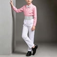 thumbnail image 7 of ZACPNCV Boys Sequined Formal Performance Outfit Set Long Sleeve Collared Top with Rhinestone Waistband Long Trousers Kids Stage Show Clothing Set 15-16Years B-Pink, 7 of 7