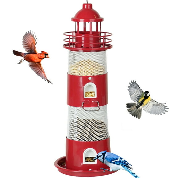 Birdkiss Wild Bird Feeder for Outdoors Hanging, Metal Squirrel-Proof Bird Seed Feeder with 4 lbs Large Capacity Layerable for Cardinal, Finch, Sparrow, Blue Jay - Red