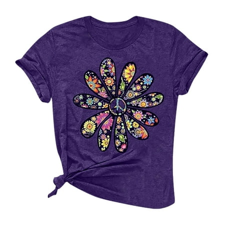 

Womens Summer Tops Fashion Casual Loose Crew Neck Short Sleeve T-Shirt With Cartoon Print Pattern Purple XXL