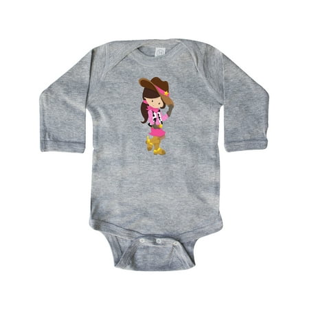 

Inktastic Cowboy Girl Girl With Cowboy Hat Brown Hair Gift Baby Girl Long Sleeve Bodysuit