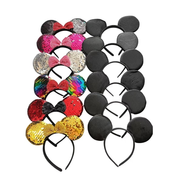Set of 12 Minnie Ears, Disney Ears, Mickey Ears, Disney Theme Party, Boys and Girls One Size Fits All (6 Variety and 6 Plain Bow)