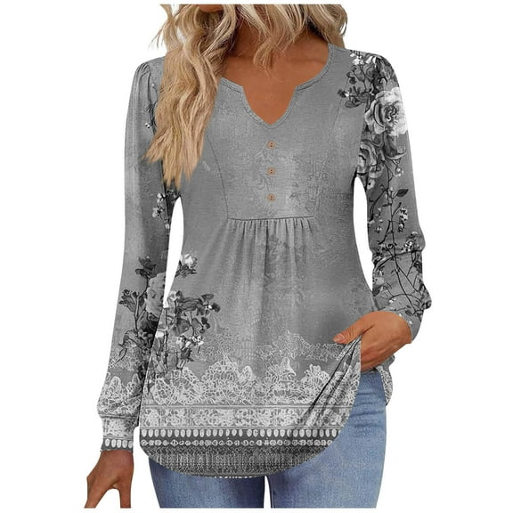 WRKEKC Long Sleeve T-Shirts for Women Vintage Print V Neck Loose Fit T-Shirt with Button Detail Casual Fall Winter Fashion Top